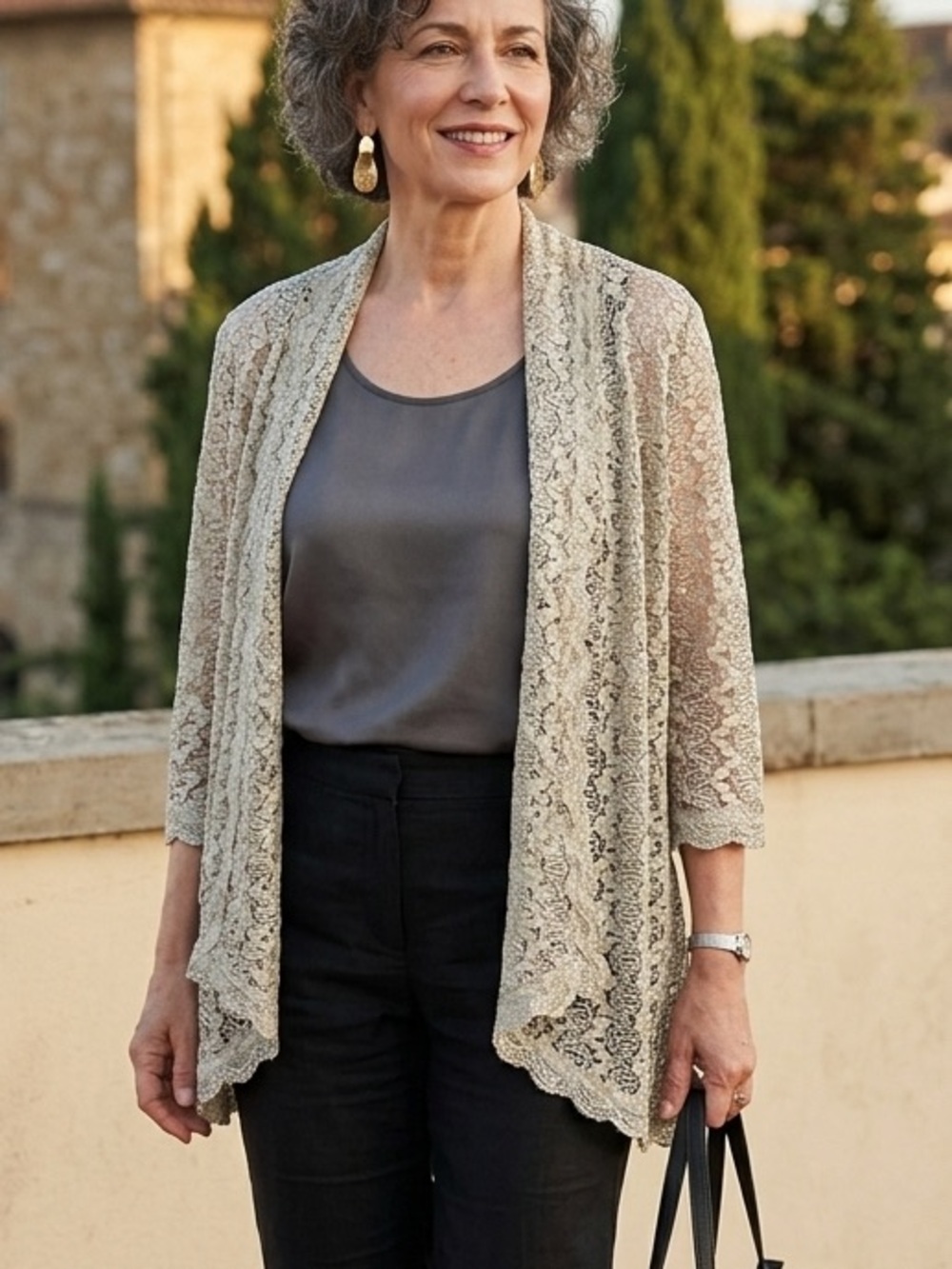 Bon Worth Champagne Metallic Crochet Lace Open Front Cardigan Large‎ Petite